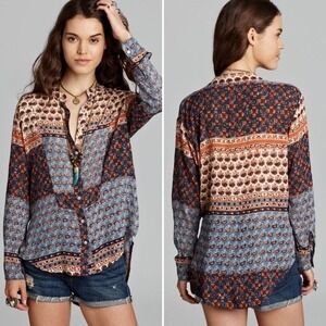 Free People Blue Floral Embroidered Button Down Blouse Size Small Boho Chic